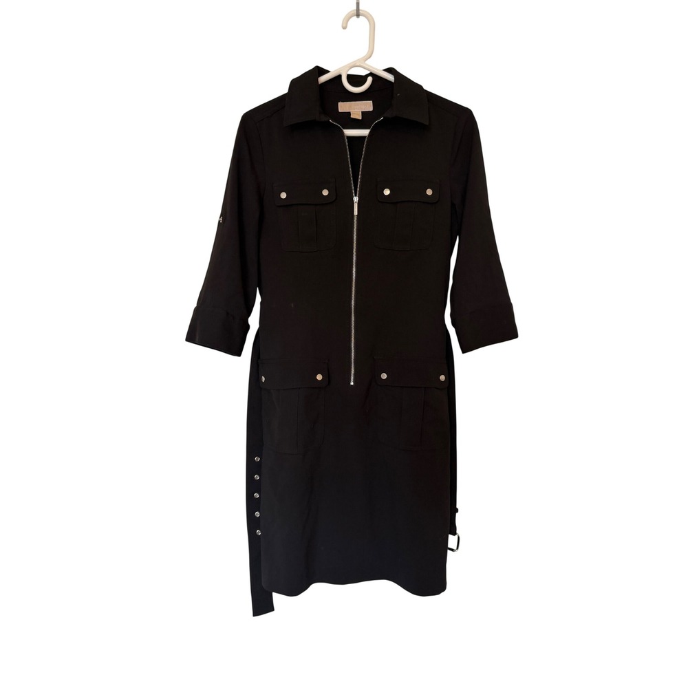 Michael Michael Kors Black Utility Shirt Dress Cotton Blend Belted Safari S